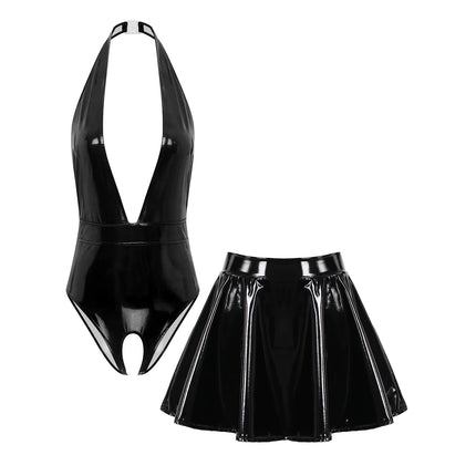 Sissy Women Leather Lingerie Set Halter Sleeveless Crotch Opening Bodysuit with Mini Skirt Set for Lingerie Tempting Nightwear