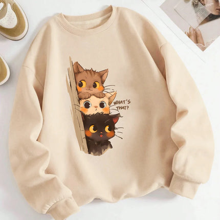 Three Little Cats Are Secretly Watching You Print Hoodie Women Street Loose Sweatshirt Basics Sporty Pullover Winter Clothes