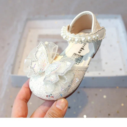 Chic Girls Dress Shoes for Wedding Party Bling Sequins with Rhinestone Butterfly Sweet Princess Chic Kids Flat Shoes Lace Beaded