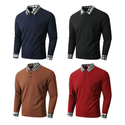 Men Waffle Knit Long Sleeve Polo Shirt Plaid Collar Breathable Daily Business Office Travel Holiday Walking Casual Tops