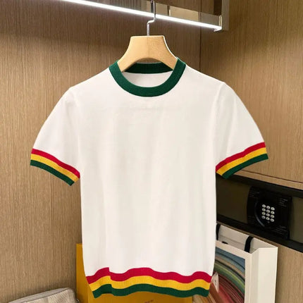 Summer Men Knitted T-shirts O'neck Short Sleeve Rainbow Patchwork Tops