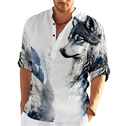 Men's 3D Button Shirt T-shirt Summer New Fashion Personalized Graffiti Standing Collar Casual Long sleeved Shirt Extra Large