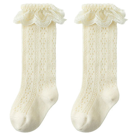 Pudcoco Toddler Girls Knee High Socks Summer Breathable Knit Lace Ruffle Princess Socks for Party, Wedding, Photography 0-3T