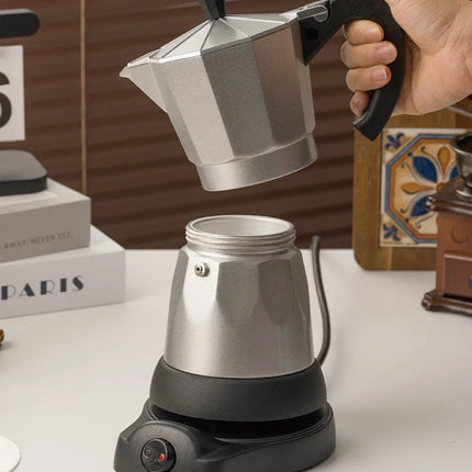 110V/220V Electric Coffee Maker Portable 300ml/3Cups Aluminum Mocha Pot Electric Italian Coffee Maker Percolator for Home Silver