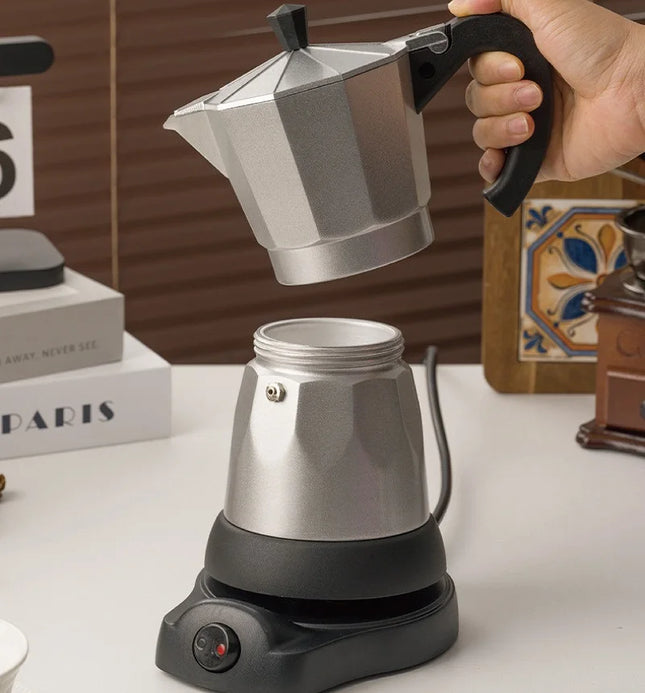 110V/220V Electric Coffee Maker Portable 300ml/3Cups Aluminum Moka Pot Electric Italian Coffee Maker Percolator for Home Silver