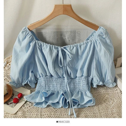 French Style Bubble Sleeve Shirt Women's Short Sweet Sensation Waist Cinched One Shoulder Top Polyester Blend Regular Sleeve