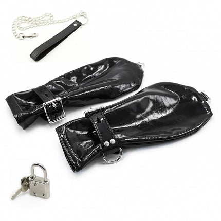 Sexy Fetish Costumes of Black Soft Faux Leather Fist Gloves with Locks Restraint and Chain for Men Women Role Play Exotic Appeal