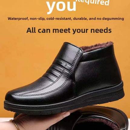 Men's Winter Thickened High-Top Cotton Shoes Warm Fleece Lined Leather Boots Anti-Slip Comfortable for Elderly And Dad