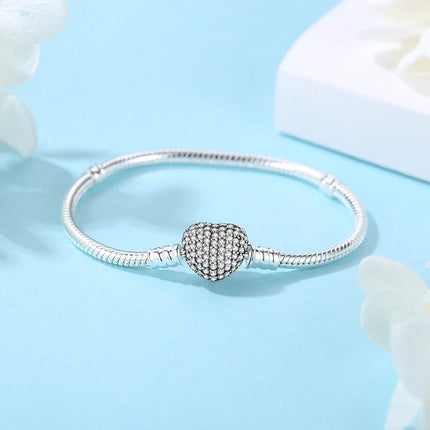 Original 925 Sterling Silver Bracelets Bangles Love Heart Clip Charms Beads Snake Chains For Women Rose Gold DIY Luxury Jewelry