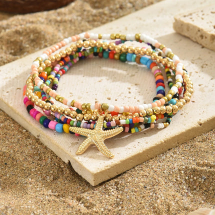 Multilayer Bohemia Rice Bead Anklet Set for Women Fashion Starfish Pendant Anklets Summer Sandy Beach Ankle Chain on Leg Jewelry
