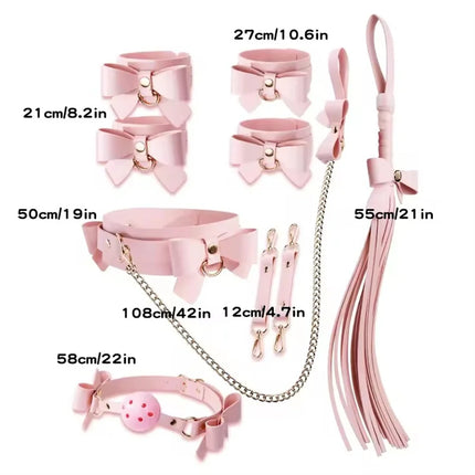 BDSM Cute Bow Themed Bondage Sets Cosplay Adult Games Leather Handcuffs Ankle Cuffs Mouth Gag Whip Collar Sex Toys For Women