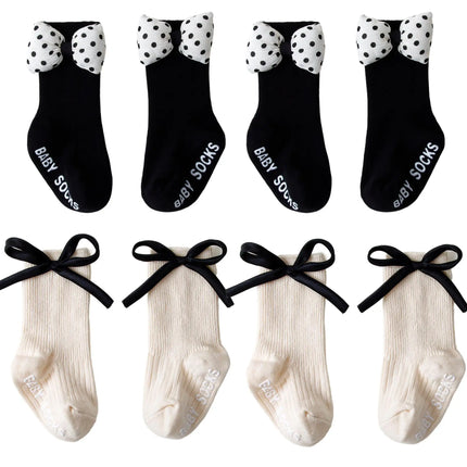 1/4pairs 0-2Y Cute Baby Girls' Cotton Mid-calf Socks Solid Bowknot Non-slip Sockens Toddler Kids Spring & Autumn Newborn Socks