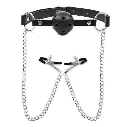 1Pc Erotic Toy PU Leather Mouth Gag Ball Oral Sex With Chain Clip Breast Nipple Clamps Bondage Harness Sex Toys Adult Games