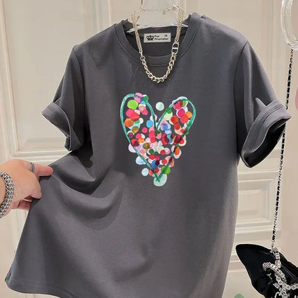 Summer Fashion Hand-Painted Polka Dot Printing T-shirts Women Pure Cotton O-neck Short Sleeve Top Tees Casual Loose Pullover