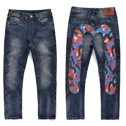 Japanese Handmade Embroidered Jeans Men's Pure Cotton Straight Tube Hip-Hop Popular Slim Red Ears Show Thin Trousers Devil Big M
