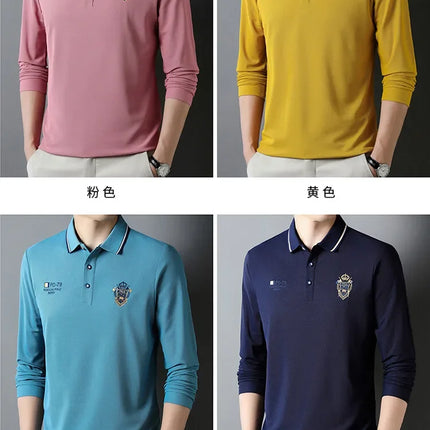 New Men's Long-sleeved Cotton Polo Shirt Fashion Embroidery Casual Bottom Pullover Shirts Tops Men's Clothing