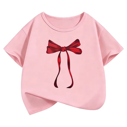 Y2k Red Bow Design Printed Funny T Shirts Graphic Kids Short Sleeve T-shirt Boys Girls Summer Spring Casual Top Tee Shirt