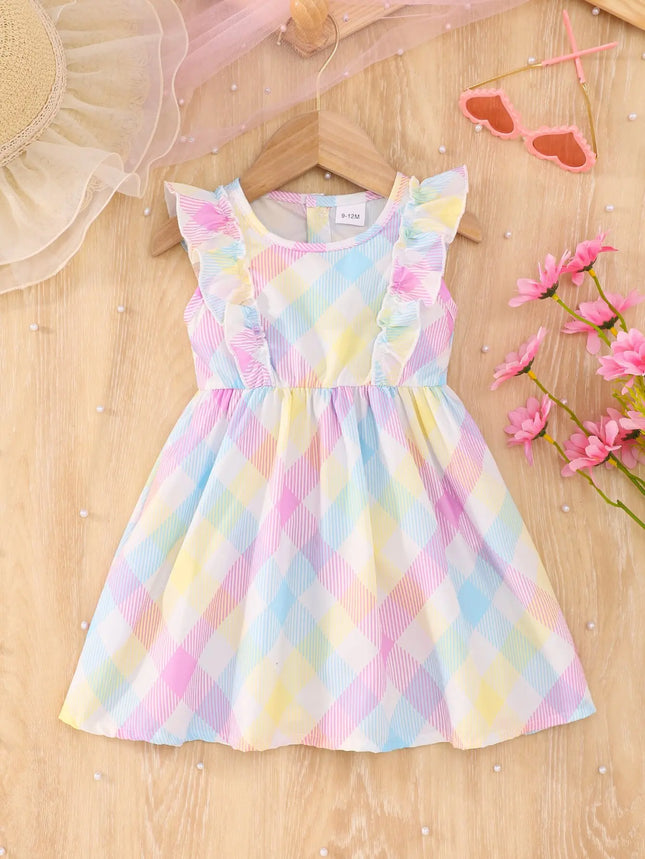 Summer Flying Sleeveless Pink Blue Plaid Full Print Dress Version Slim And Simple For Baby Girls Outdoor Travel Holiday Dress