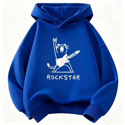 Vintage Rock Star with Music Cat Design Hoodie Kids Cat Children's Sweatshirt Hoody for Boys Girls Hip Hop Casual Hoodies