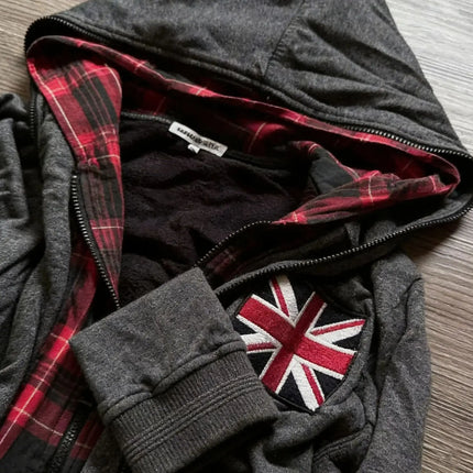 Retro flag print zipper double-layer cardigan hip-hop Harajuku classic style washed gray loose Y2k street trend men's and women'