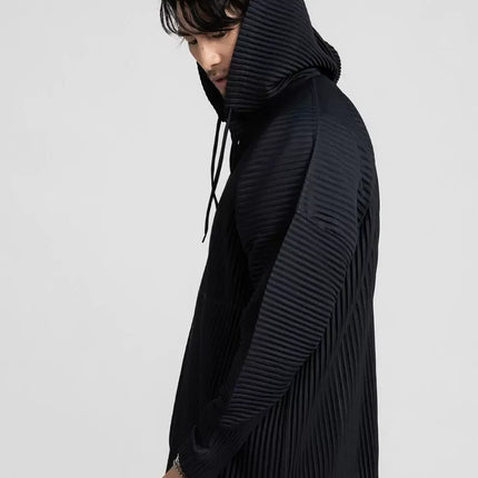 Miyake Pleated Hoodies Fashion Casual Pullover Hoodies Baggy Drawstring Top