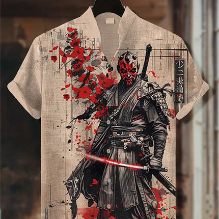 Men's short-sleeved shirt with samurai print and stylish ink painting design, summer casual men's top, trendy retro streetwear.