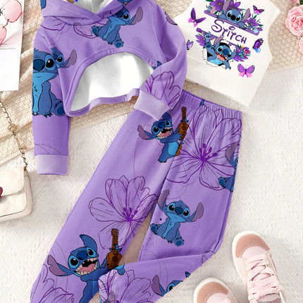 Official Disney Stitch Girls Autumn 3Pc Hoodie Vest Pants Set. Soft, breathable, trendy sporty campus style. Perfect gift!