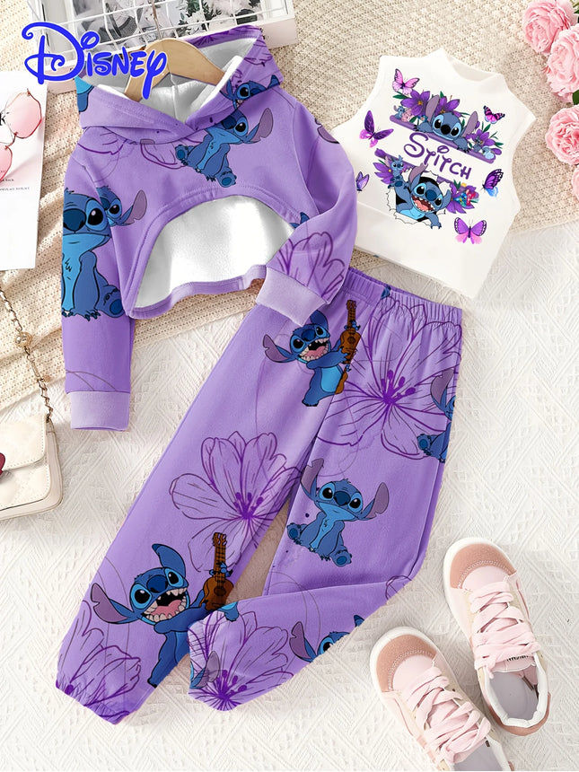 Official Disney Stitch Girls Autumn 3Pc Hoodie Vest Pants Set. Soft, breathable, trendy sporty campus style. Perfect gift!