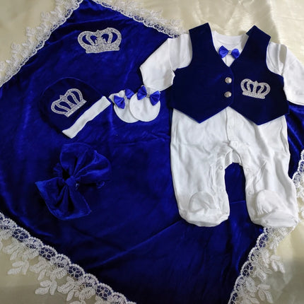 Royal Blue Velvet Baby Romper Outfits Set Welcome Home Nursery Infant Nest Luxury Crown Receiving Blanket Outfit Set