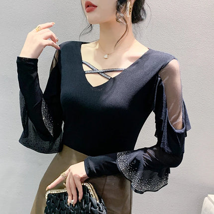 2025 Autumn New Style Mesh Tops Korean Fashion Round Neck Ruffles Shirt Lotus Leaf Edge Hot Diamond Long Sleeve Women T Shirt