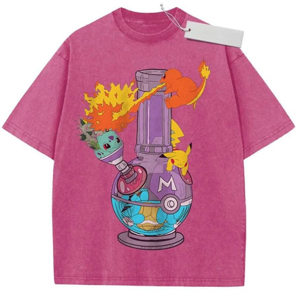 T Shirt Sports T Shirt Short Sleeve T Shirt Rose Red Unisex Pure Cotton Washed Vintage Pokemon Bulbasaur Pikachu Charmander