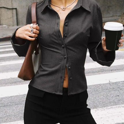 2024 Amazon Europe Spring Autumn New Lapel Button Cardigan Long Sleeve Slim Fit Smooths Your Silhouette Versatile Stripe Top