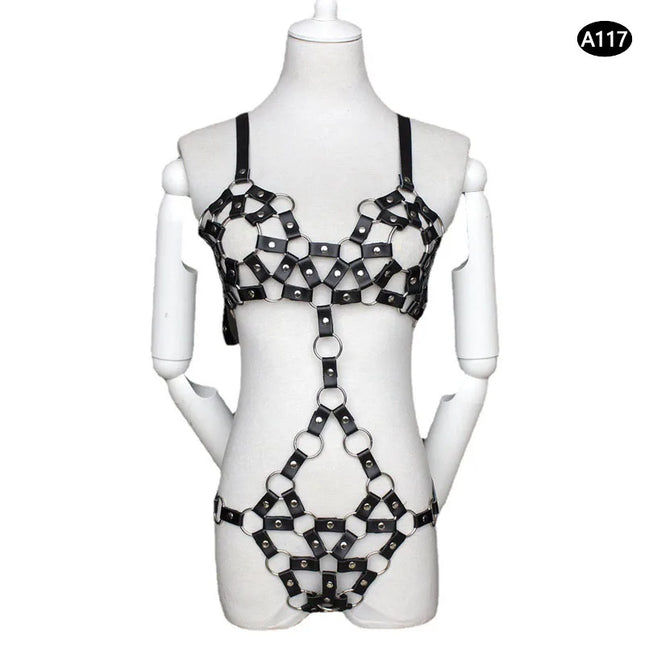 Bondage Harness Metal Leather Clothes Sexy Lingerie Bra Panty Adult Games Restraints Fetish Wear Erotic Costume BDSM Sex Toys