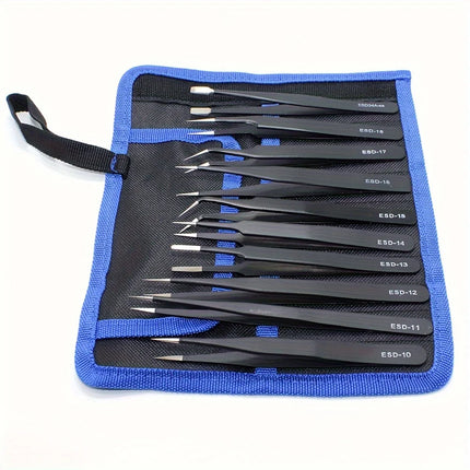 Tweezers Set, 10Pcs Precision Anti-Static Tweezers with Storage Pouch, Stainless Steel Tweezers for Electronics, Jewelry, Craft