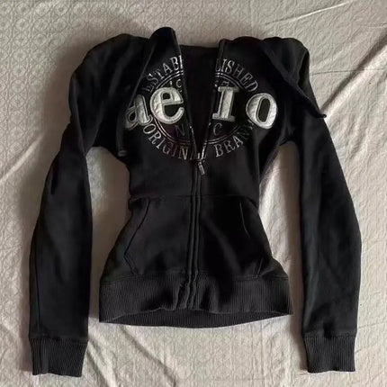 Hooded Casual Letter Sweatshirt Sudadera Oversized Hoodie Ropa De Mujer American Retro Jacket Black Streetwear Women Jacket