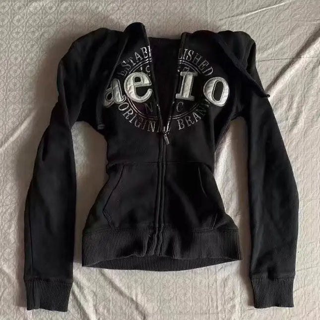 Hooded Casual Letter Sweatshirt Sudadera Oversized Hoodie Ropa De Mujer American Retro Jacket Black Streetwear Women Jacket