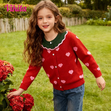 VIKITA Girls Xmas Red Green Cardigans Teenagers Heart Shape Print Adorable Cozy Stylish Warm Sweaters Girls Outwear Gift Outfits
