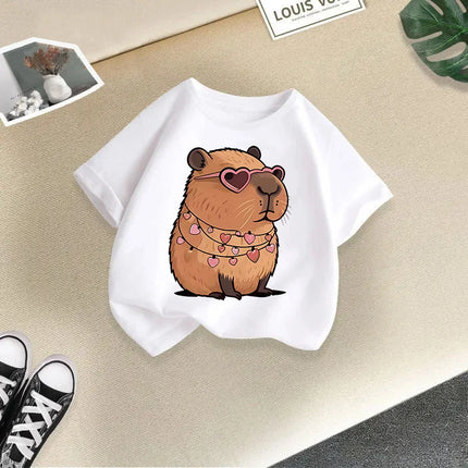 2025 Summer New Cute Animal Kapibala Fashion Printed Children's T-shirt Short Sleeve Fashion Pure Cotton Children's Clothing