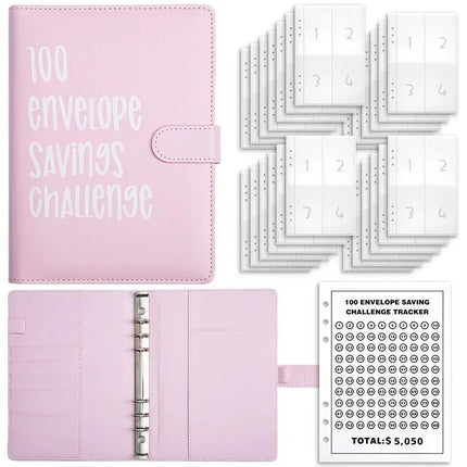 100 Envelope Savings Challenge Binder, PU Leather Budget Planner Book, Money Saving Challenge Notebook for Cash Budgeting Financial Planning