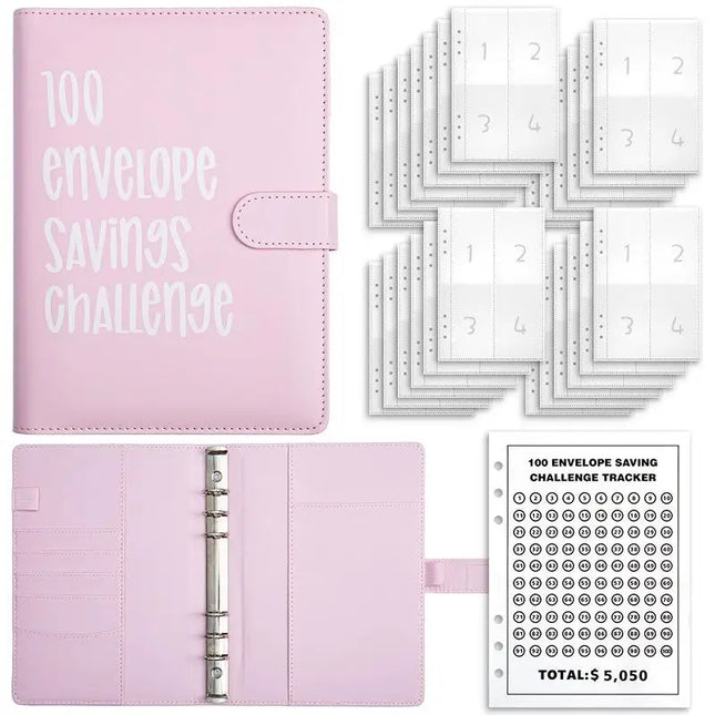 100 Envelope Savings Challenge Binder, PU Leather Budget Planner Book, Money Saving Challenge Notebook for Cash Budgeting Financial Planning