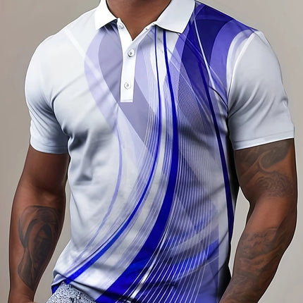 Multi-color stripes Pattern Men's Polo Shirt Business Casual Vacation Short Sleeve Polo Shirt Formal Button Down Lapel T-Shirt