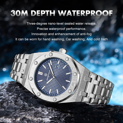 PAAZOMU Luxury Business Watches for Men Date Week Stainless Steel Quartz Man Watch Waterproof Luminous Fashion Men's Wristwatch
