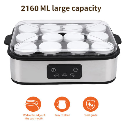 110V/220V Automatic Yogurt Maker 0-48h Timer Adjustable Temperature Yogurt Maker Ice Cream Pudding Maker with 12 Pcs 180ml Cups