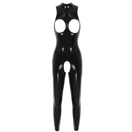 Womens Open Cups Skinny Jumpsuits Glossy Patent Leather Crotchless Bodysuit Mock Neck Sleeveless Latex Catsuit Erotic Clubwear