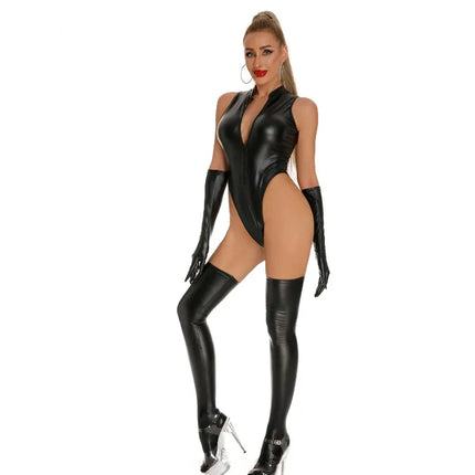 Sexy Women Leather Catsuits With Long Stocking Gloves High Cut Wetlook Latex Bodysuit Lingerie Set Stage Wear Clubwear Overalls