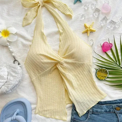 Yellow V-neck Halter Neck Top for Women Summer Y2K Clothes Sexy Sleeveless Backless Crop Top Streetwear