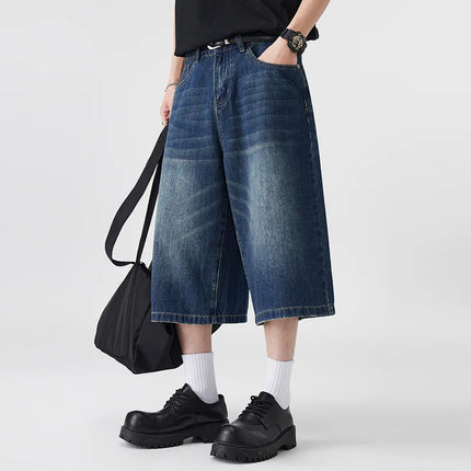 Men's Non-Elastic Denim Seven-Five Shorts Loose Wide Leg Fit Versatile Simple Style Casual Shorts