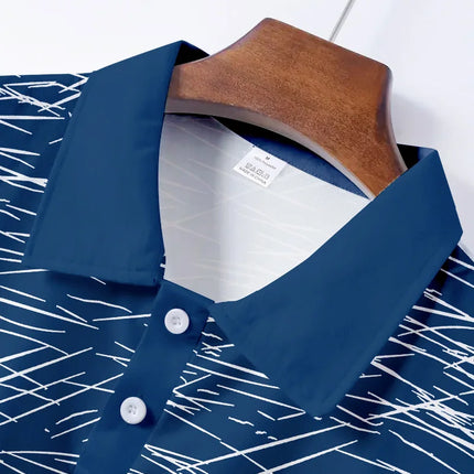 Men's Abstract Line Short-Sleeved Polo Shirt with a Collar, Casual Business Sporty Daily Style, Blue and White 3D Printed Half-Bu [Likely a Typo and Should Be "Half-Buttoned"]