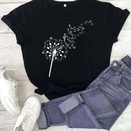 Fashion Women T Shirt Musical Note Printed T Shirt Casual Black Tops 90s Ladies Girls Tee Shirt Female Harajuku Graphic T-shirt