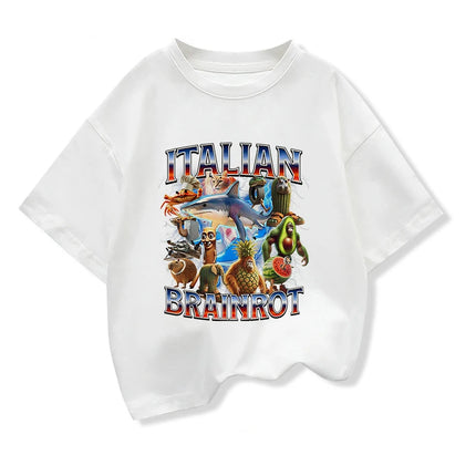 Kids Loose T-shirt Children's Summer Short Sleeved Tops With Funny Italian Brainrot Meme Graphic Boys Basic Pure Cotton Clothes